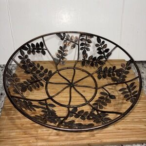 Metal Rustic Centerpiece Bowl Open Leaves Motif Brushed Copper Tone 12" Diameter